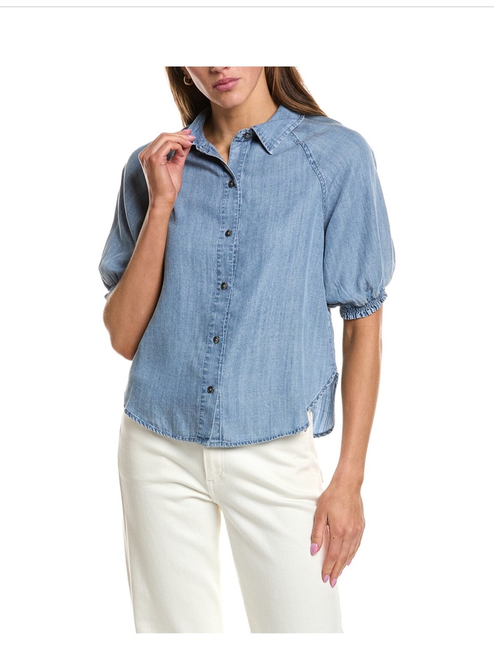 Splendid Light Denim Button-Front Puff Sleeve Shirt